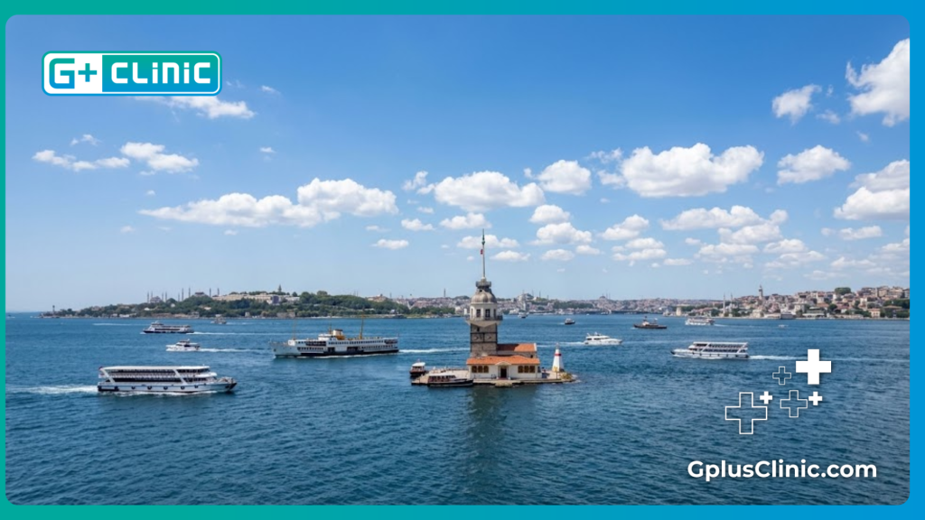 Врач приветствует пациента в Стамбуле на фоне Босфора.