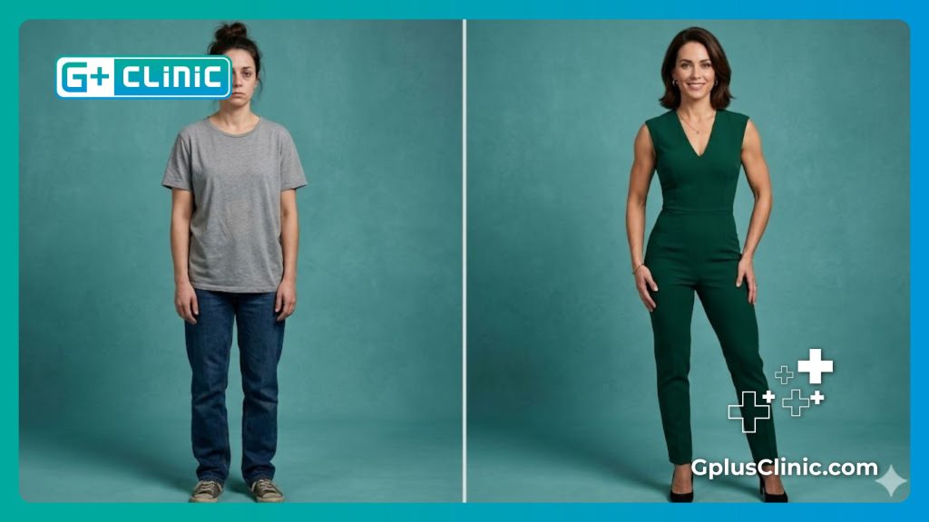 Split-screen before and after comparison of a successful aesthetic transformation.