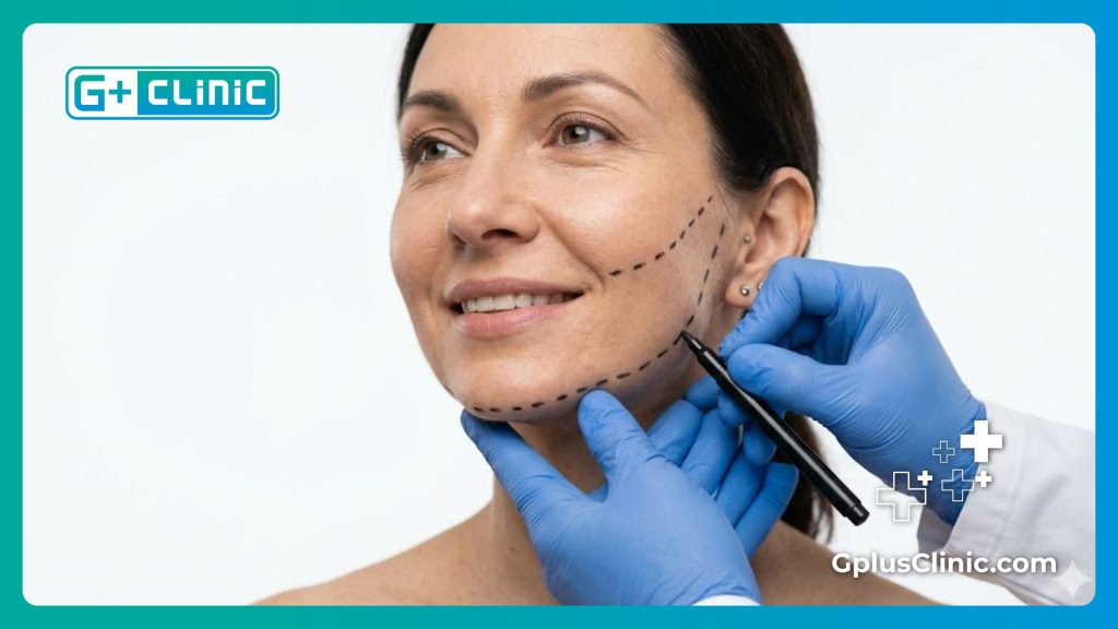 Plastic surgeon drawing precise surgical guidelines on a patient's face.