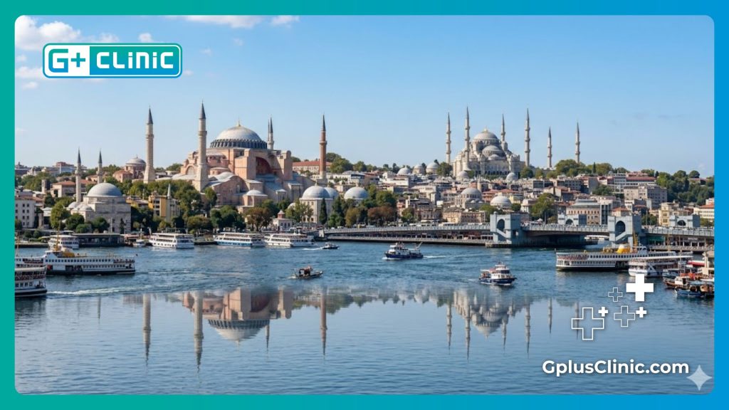Panoramic daytime view of the Istanbul skyline featuring the Hagia Sophia.