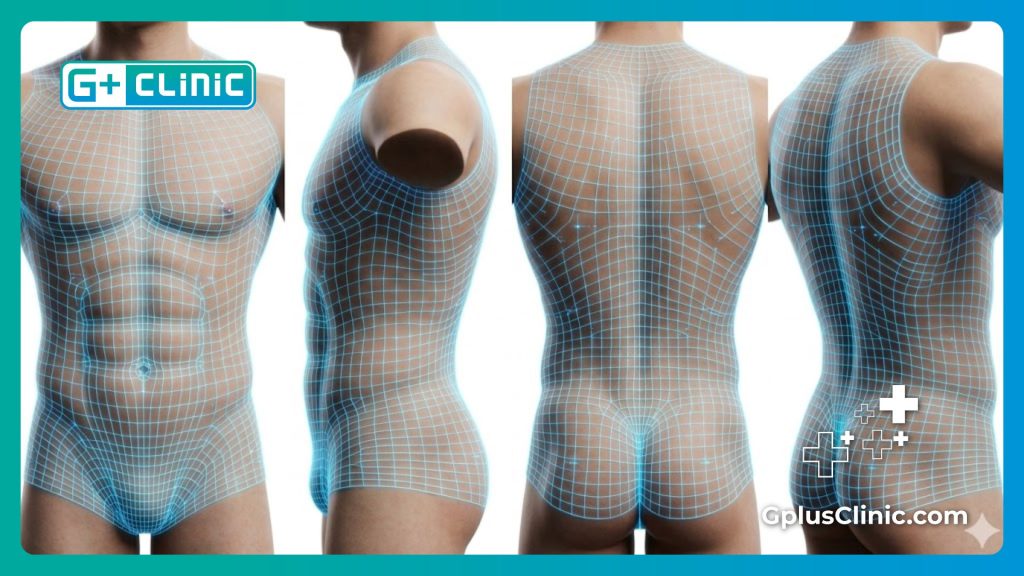 تصوير رقمي ثلاثي الأبعاد لمنطقة البطن والخصر يوضح دقة الإجراء.