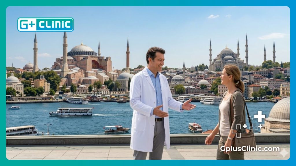 طبيب يرحب بالمريض في إسطنبول مع ظهور معالم المدينة التاريخية