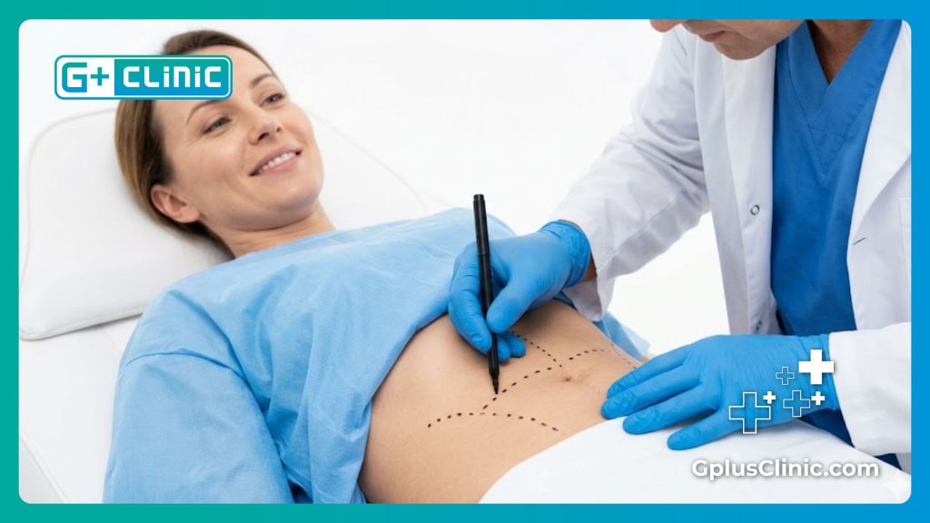 Surgeon drawing precise medical guidelines on a patient's stomach