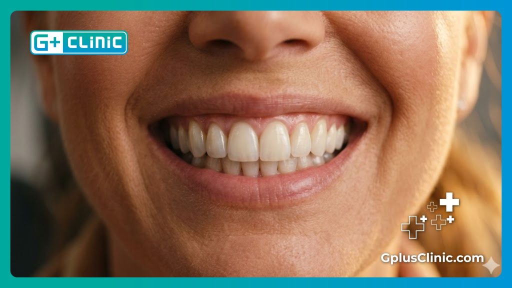 Крупный план безупречной белоснежной улыбки после стоматологической процедуры.