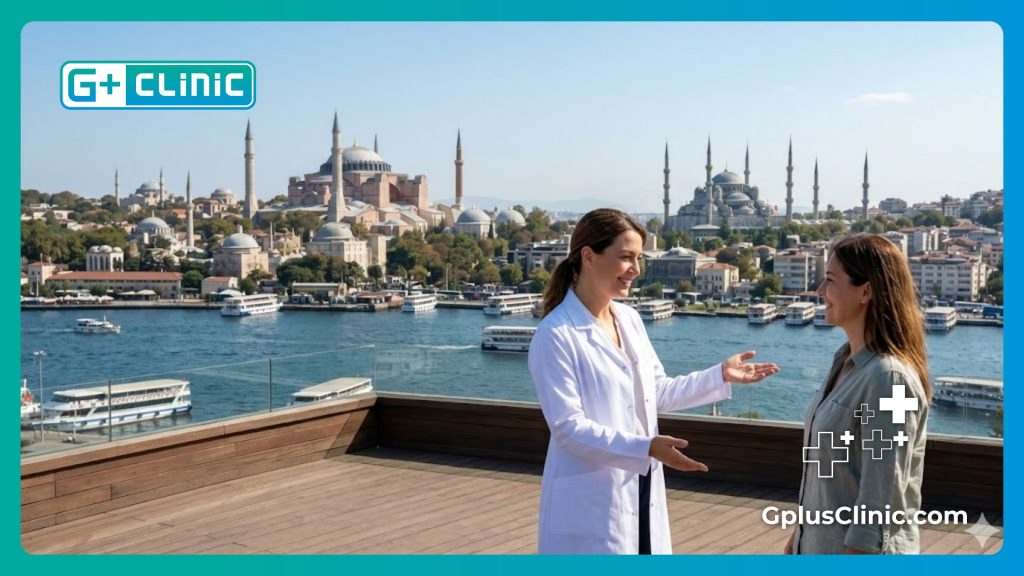 Приветливый доктор встречает пациента в Стамбуле на фоне исторической архитектуры.