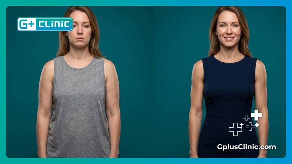 Разделенный экран с результатами удаления жира на руках до и после