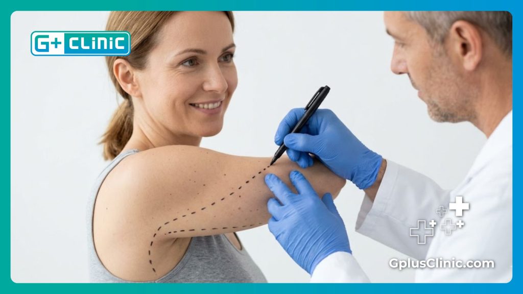 Хирург наносит медицинскую разметку на руки пациента