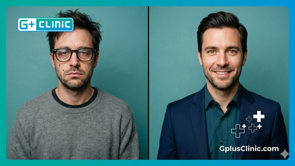 Before and after split screen showing successful vision correction