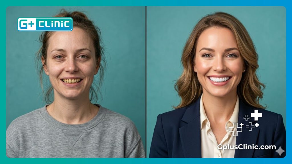 Разделенный экран до и после установки виниров