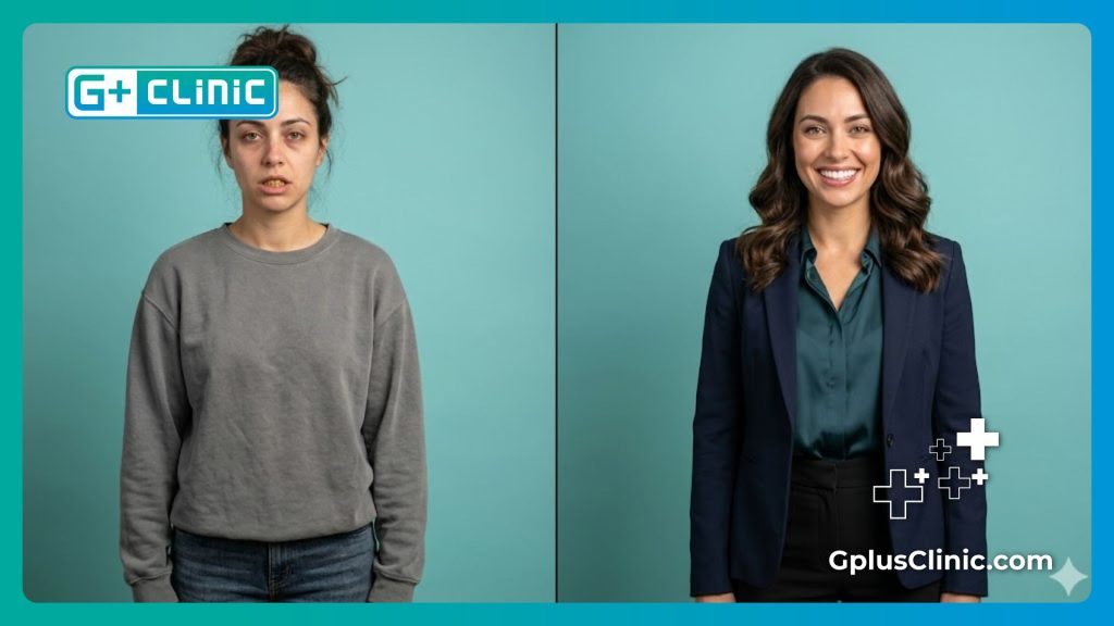 Comparaison numérique avant et après mettant en évidence la transformation spectaculaire du sourire