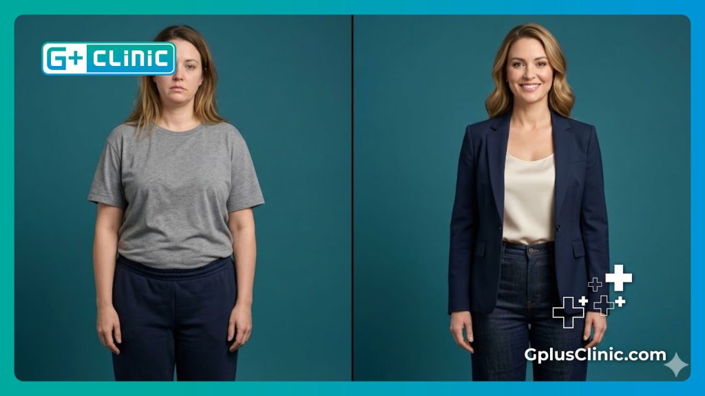 Split-screen before and after comparison of a patient who underwent comprehensive waistline sculpting.