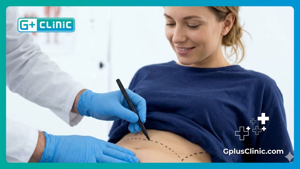 Medical close-up of a plastic surgeon drawing surgical precision markings on a patient's abdomen.