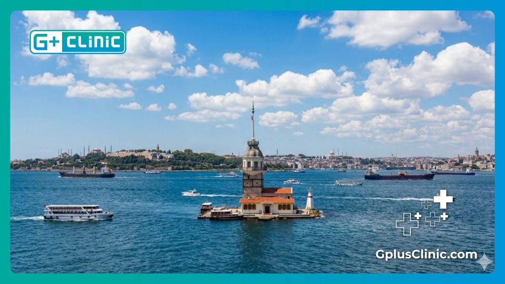 Bright daytime view of the Maiden's Tower in the Bosphorus Strait, Istanbul