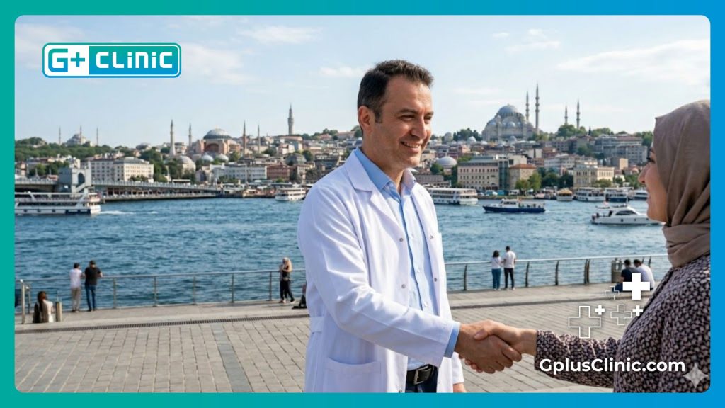 Chirurgien accueillant la patiente à Istanbul devant les monuments historiques