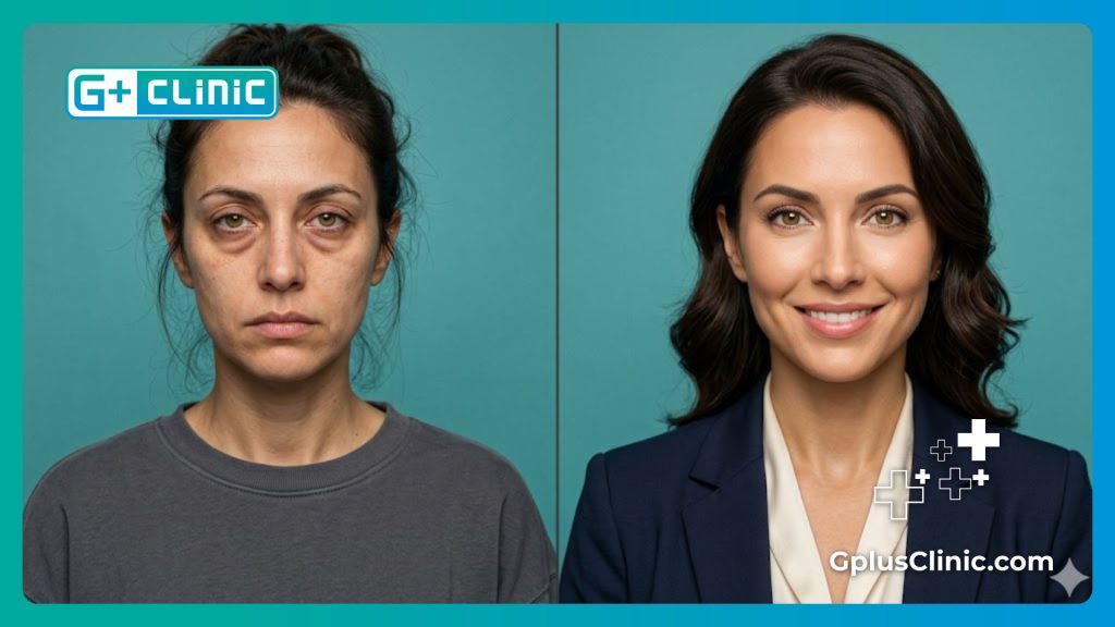 High-resolution split screen showing eye transformation before and after.