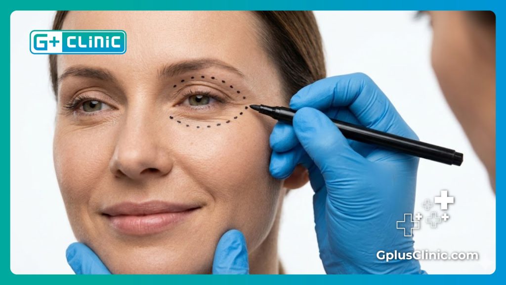 Close-up of medical markings around the patient's eyes showing precision.