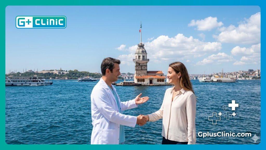 Doctor welcoming a patient to Istanbul near the Bosphorus.