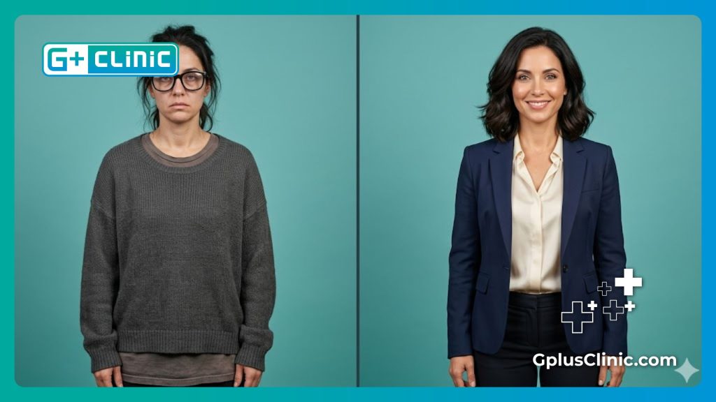 Split screen showing life before and after vision correction