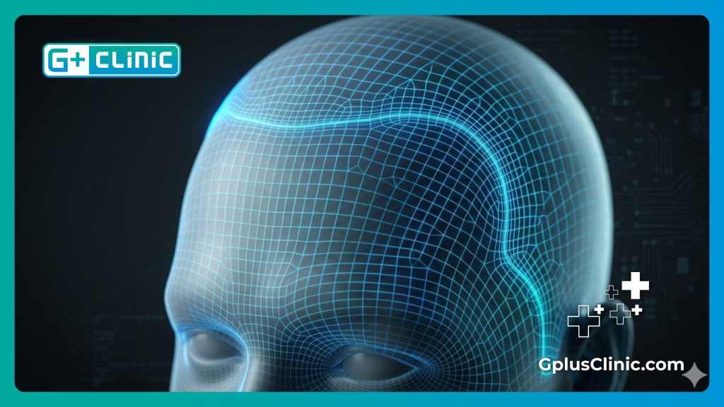 Modélisation numérique détaillée de la zone frontale et de la racine des cheveux.