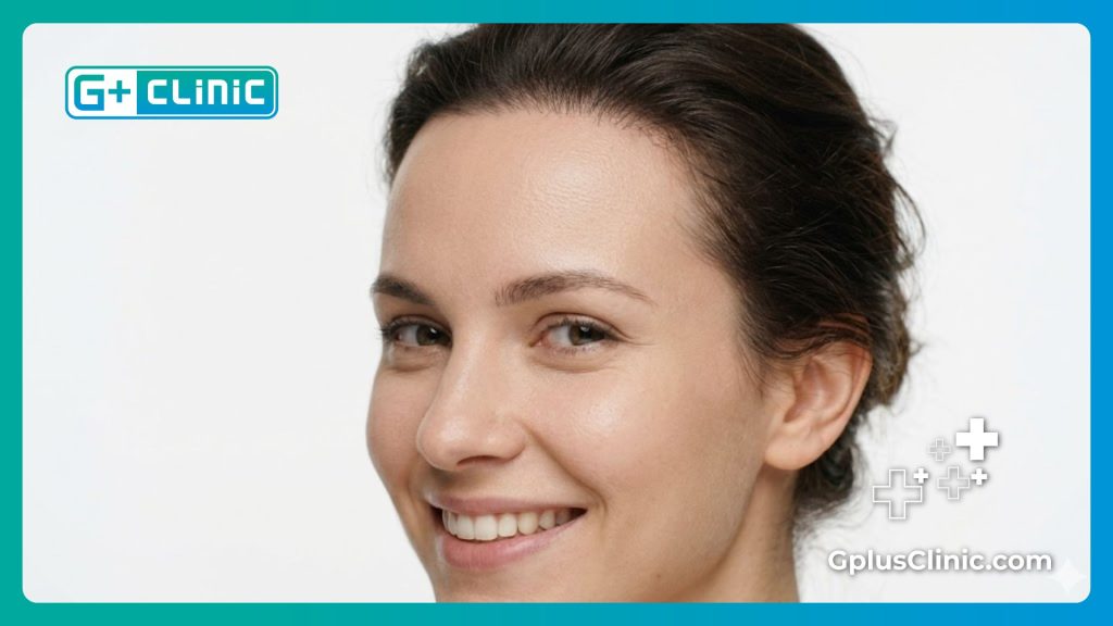 Gros plan mettant en valeur le résultat parfait d'une chirurgie du front.