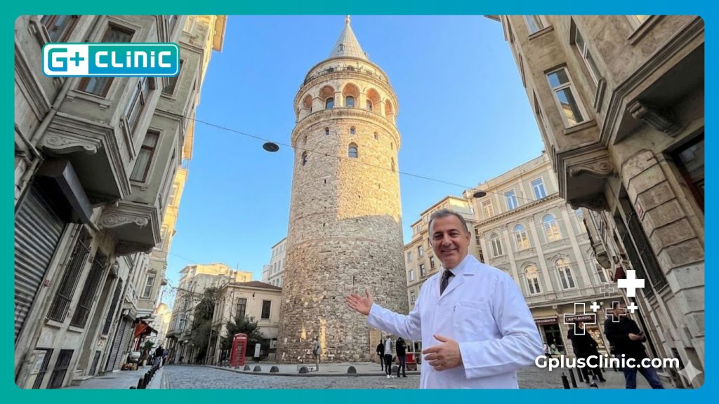 Chirurgien esthétique accueillant devant la tour de Galata à Istanbul.