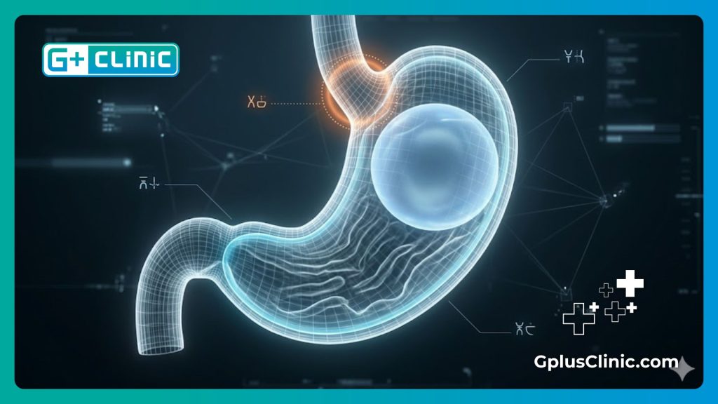 Modèle numérique 3D montrant le positionnement sûr d'un ballon gastrique.