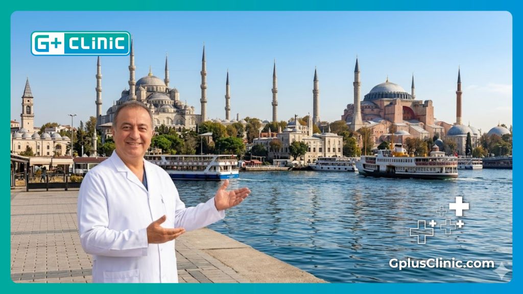 Médecin accueillant un patient à Istanbul avec vue sur Sainte-Sophie.