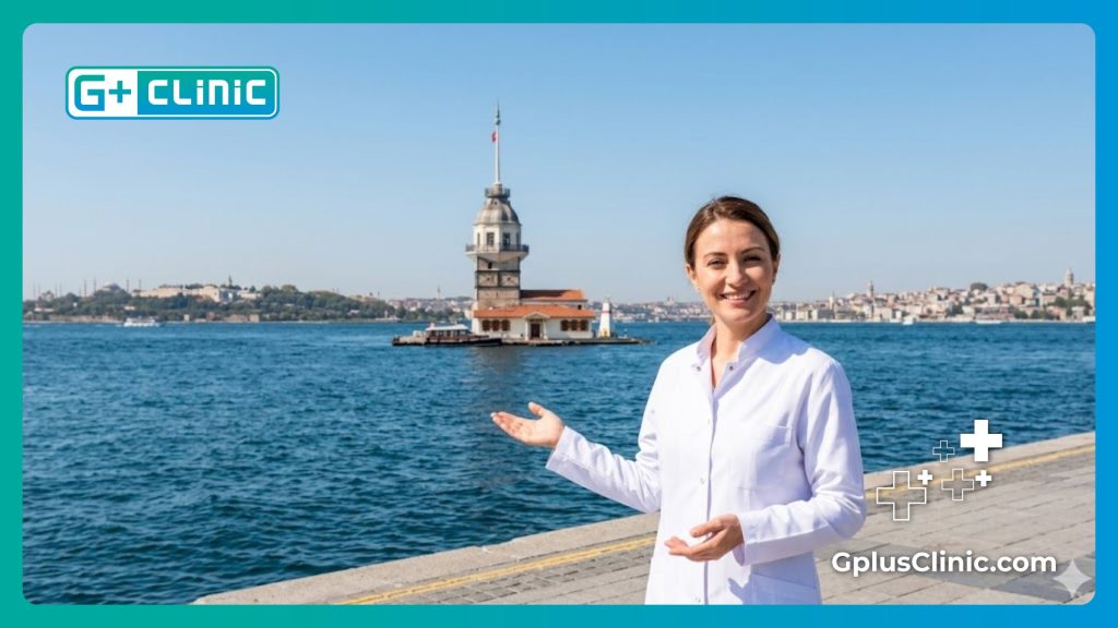 Приветливый врач-косметолог на фоне пролива Босфор и Девичьей башни в Стамбуле.