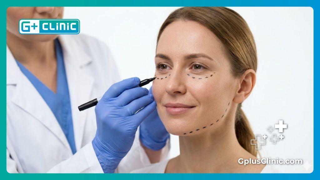 Médecin traçant des lignes de repère sur le visage du patient