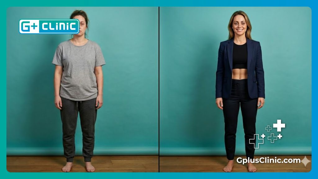 Split-screen before and after comparison showing a flat stomach after a tummy tuck