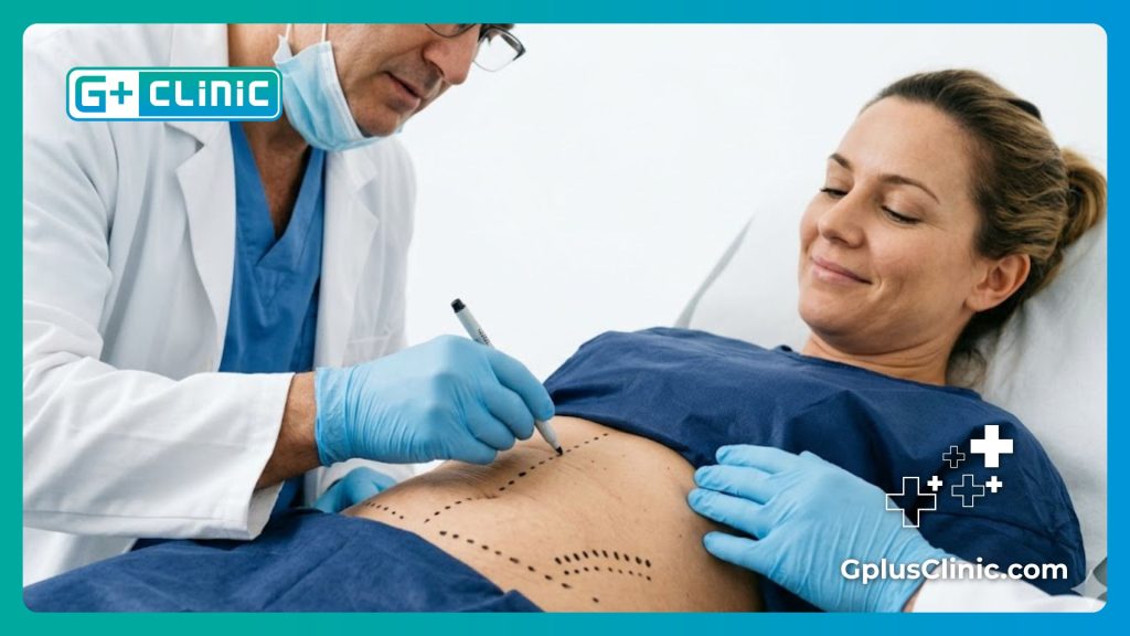 Close up of a surgeon marking the abdominal area for precise body contouring surgery