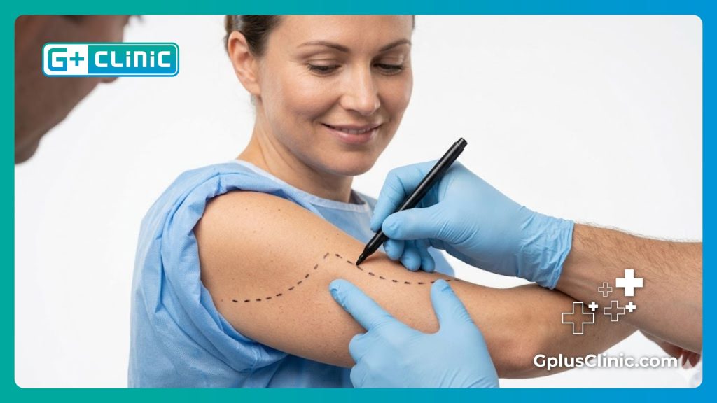 Especialista marcando los brazos del paciente antes de la cirugía estética.