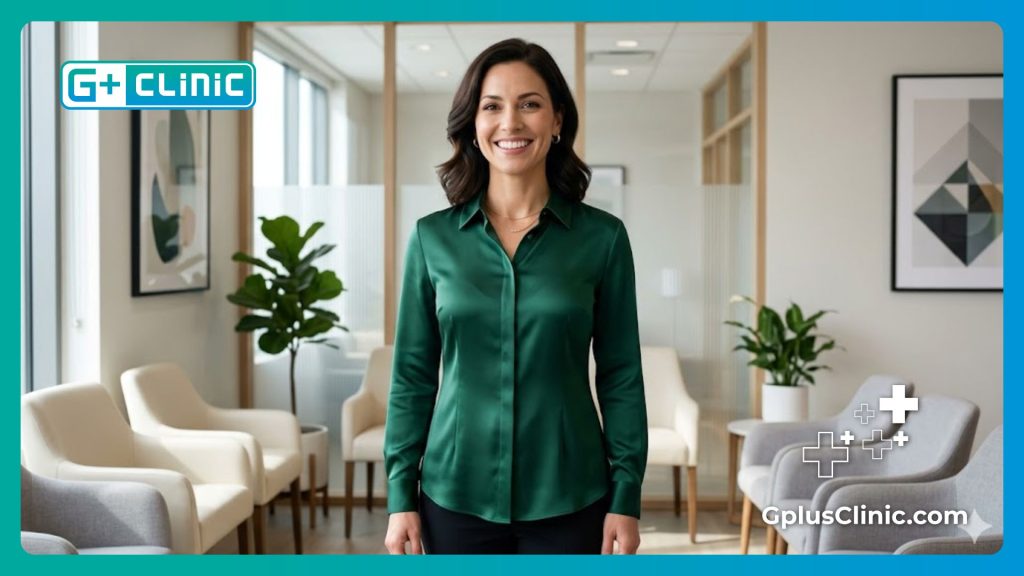 Confident woman showing perfect results and fit clothing after surgery