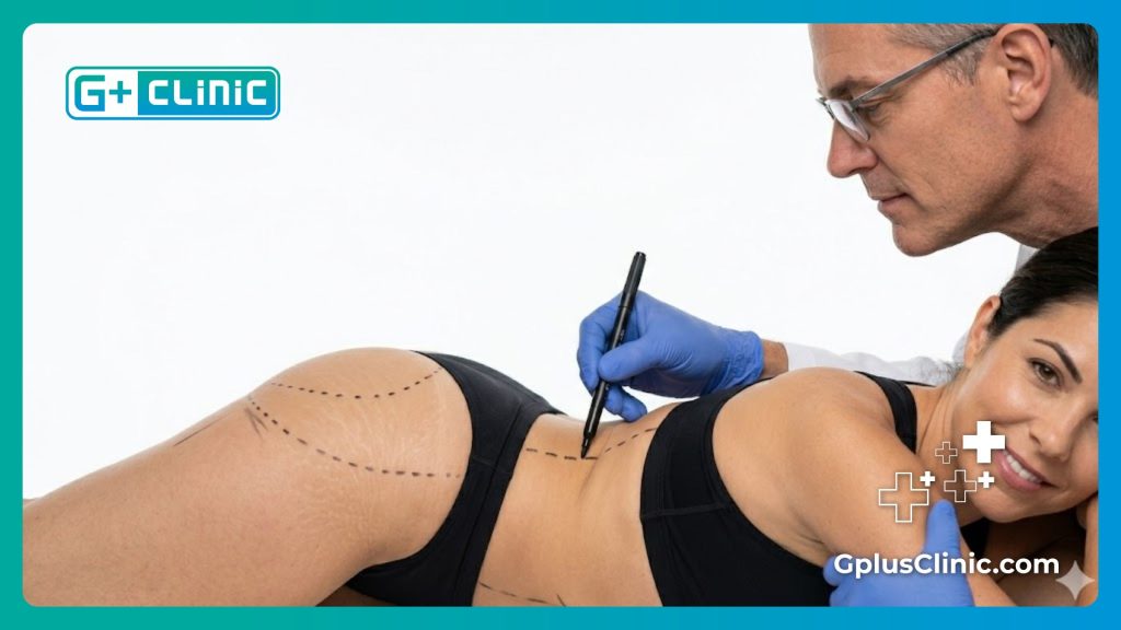 Surgeon making precise markings for gluteal fat transfer