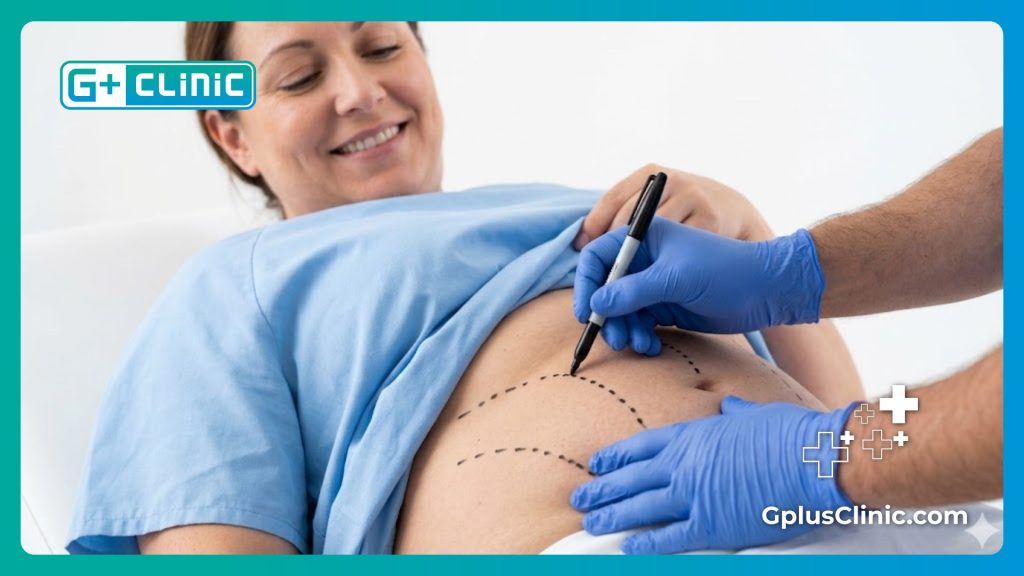 Médecin traçant des lignes de repère chirurgicales sur le ventre du patient