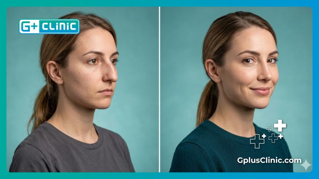 Split screen showcasing a dramatic before and after transformation of a nose job