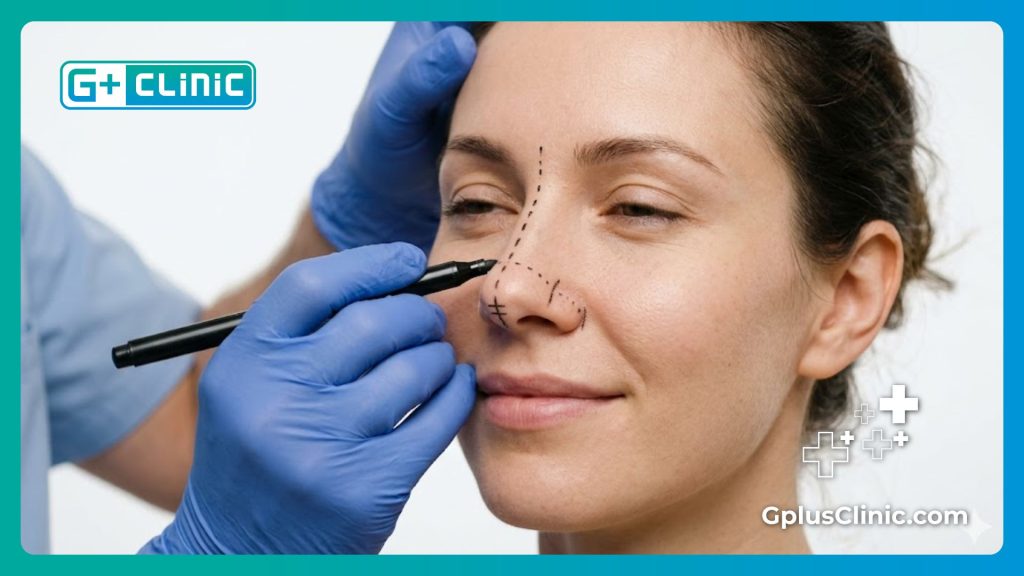 Close up of doctor drawing surgical guidelines for a flawless rhinoplasty result