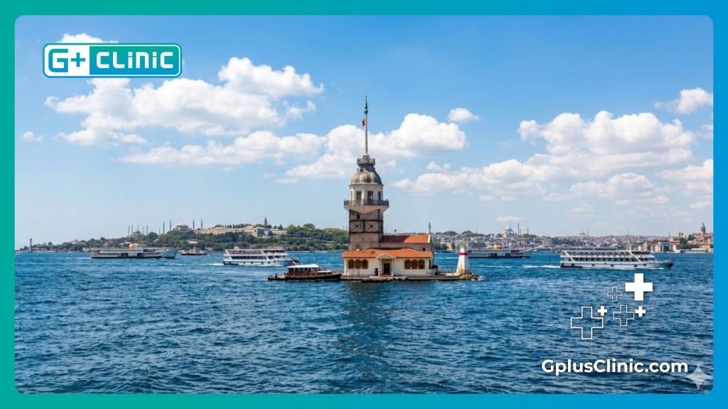 Врач приветствует пациентов на фоне достопримечательностей Стамбула.