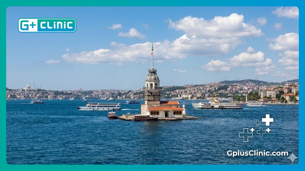 Docteur accueillant les patients à Istanbul avec vue sur le Bosphore.