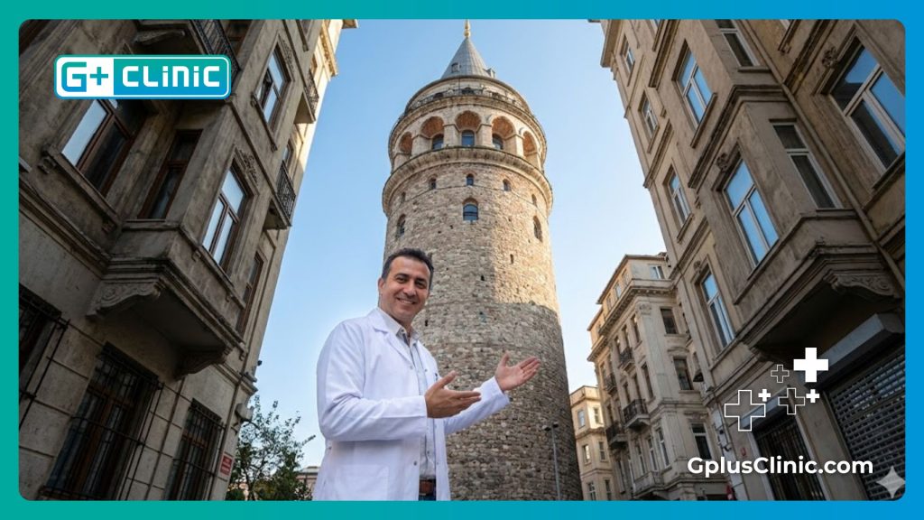 Médico amable dando la bienvenida al paciente frente a la histórica Torre de Galata en Estambul