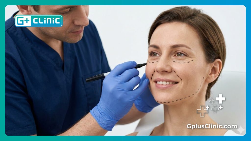 Close up of precise surgical guidelines being drawn on a patient