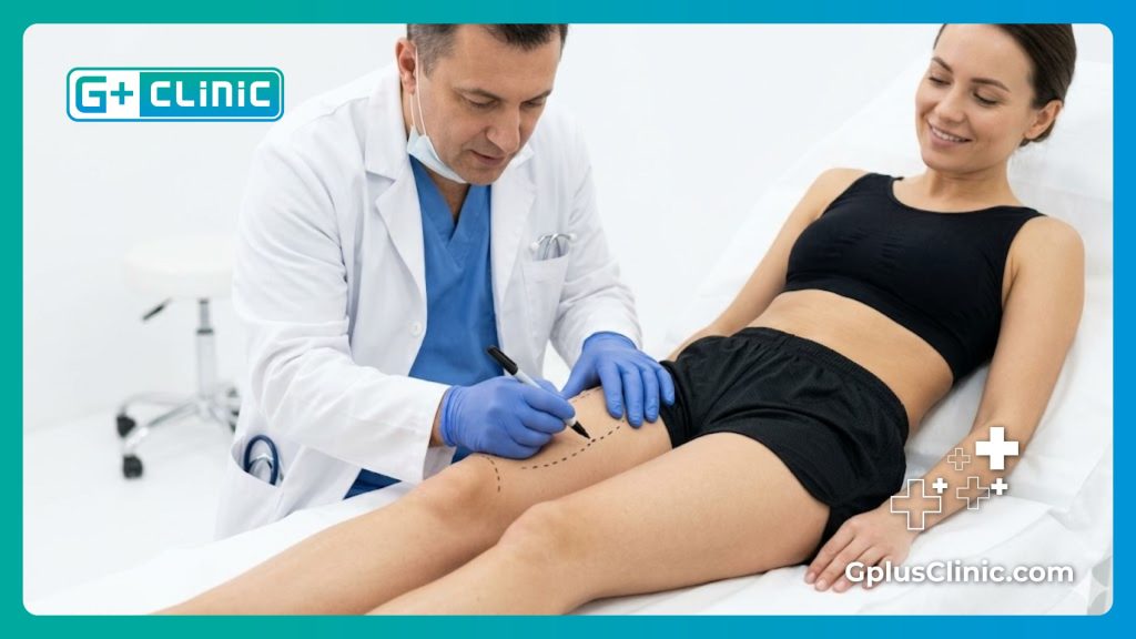 Cirujano dibujando marcas médicas precisas en los muslos