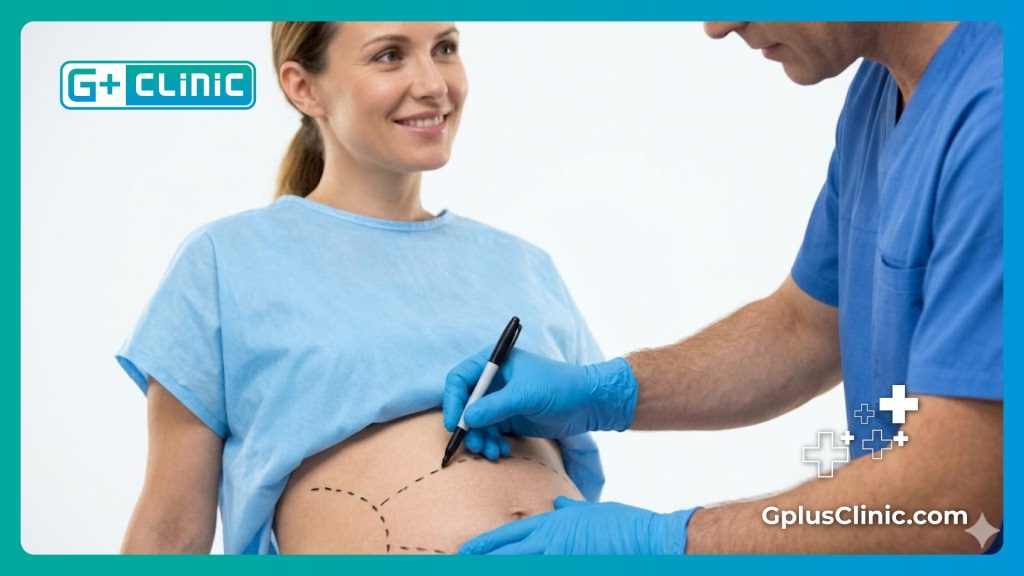 Chirurgien traçant des lignes médicales chirurgicales sur le ventre.