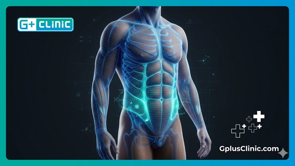 High-tech digital mesh visualization highlighting the anatomy for body contouring