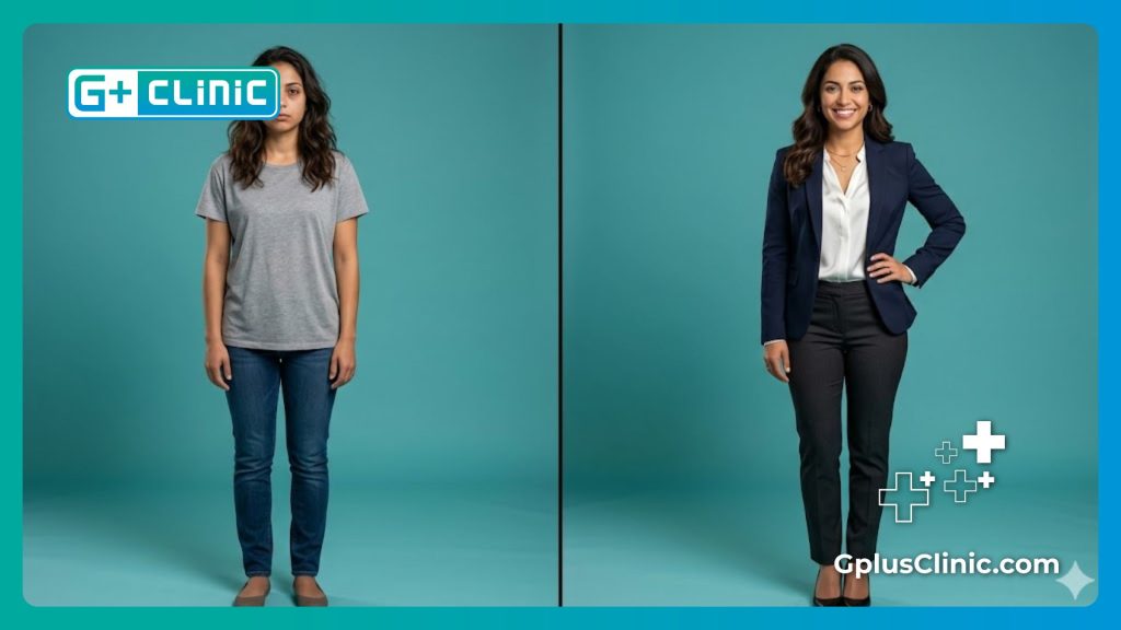 Digital split-screen showing before and after results of body contouring