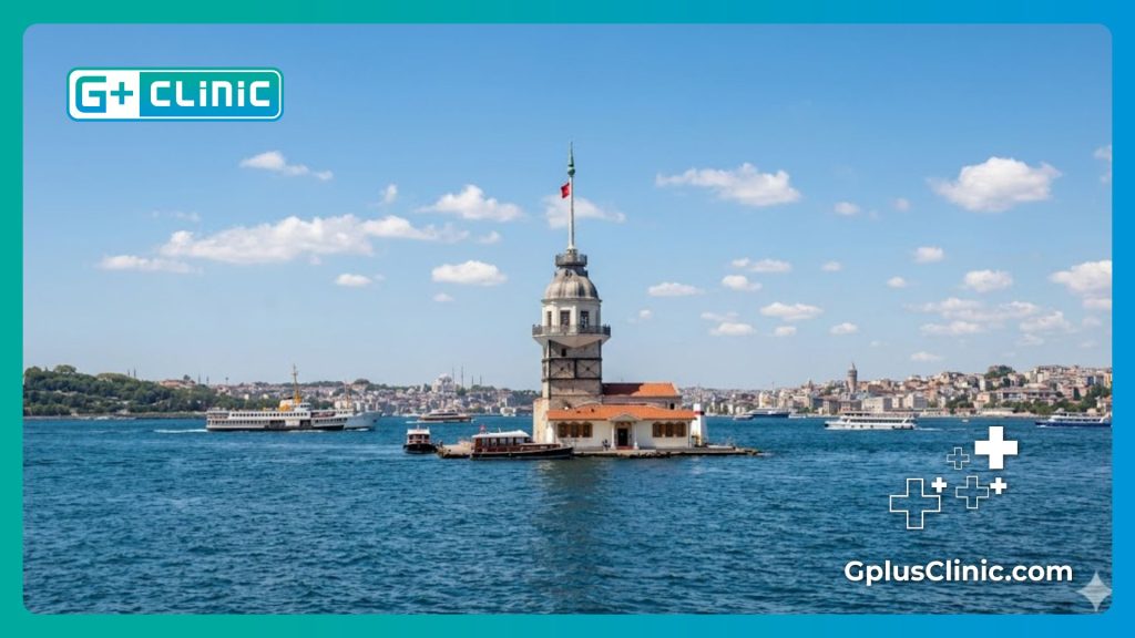 Beautiful wide shot of the Bosphorus and Maiden's Tower in Istanbul