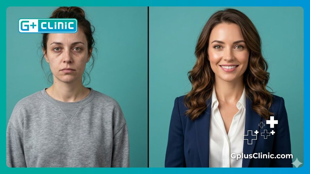 Pantalla dividida mostrando la transformación física de la paciente.