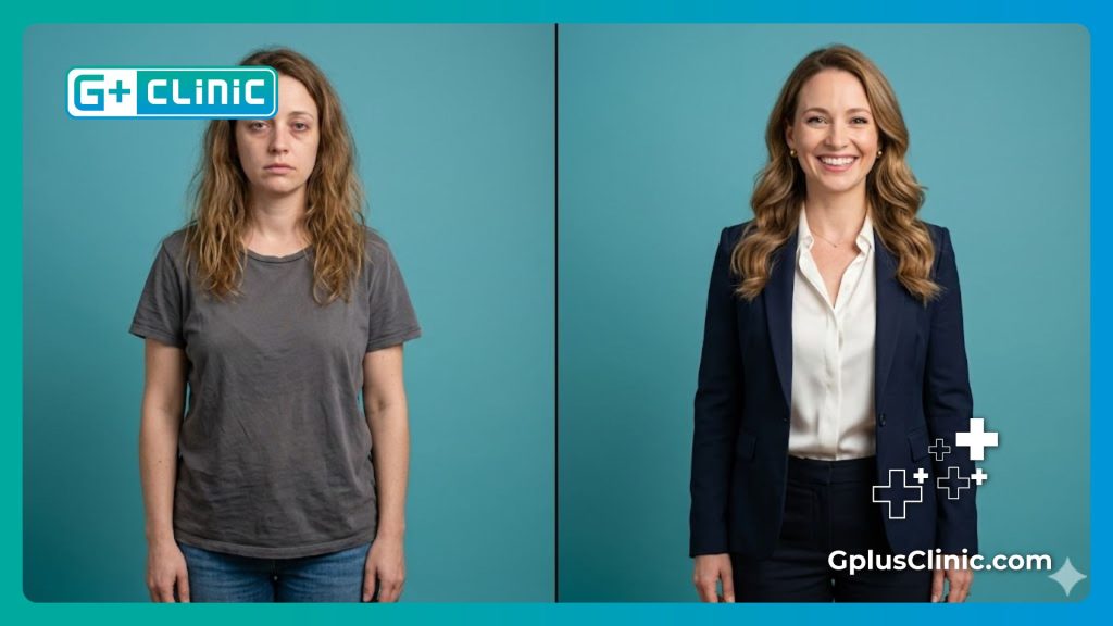 Split screen showcasing a successful transformation of lifted and youthful chest contours.