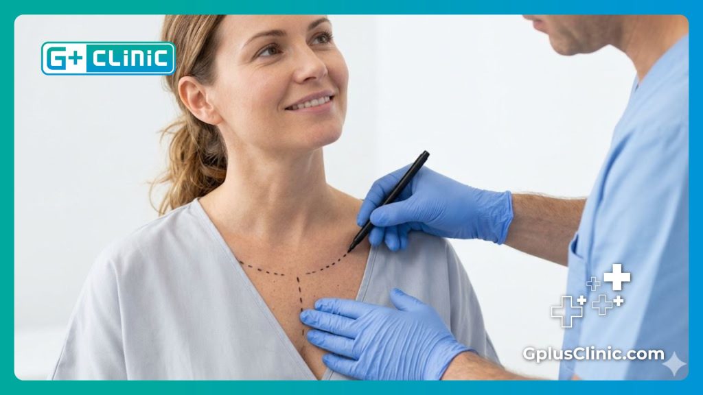 Close-up of a surgeon making precise surgical markings for a successful post-pregnancy breast lift.