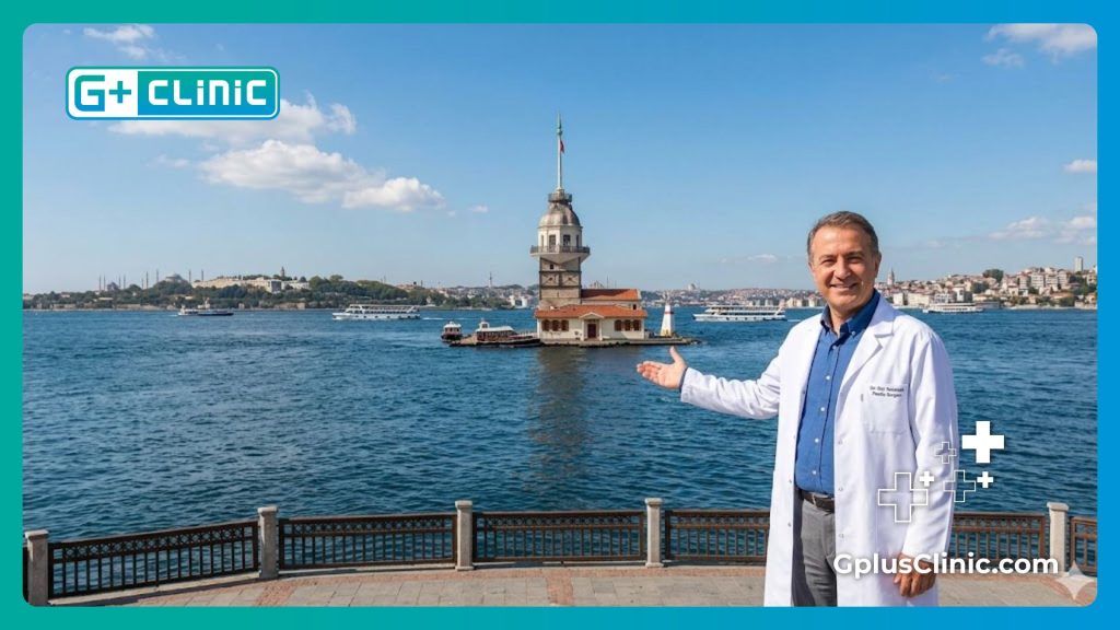 Doctor dando la bienvenida a un paciente en Estambul con vistas al Bósforo.